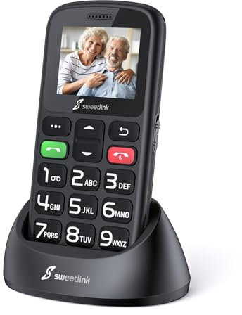 SweetLink Telefono Cellulare per Anziani con Tasti Grandi, GSM Senior Telefoni per Persone Anziane, Funzione SOS, Chiamata Rapida, Volume Alto, Base di Ricarica, Contatti con Immagini, Nero