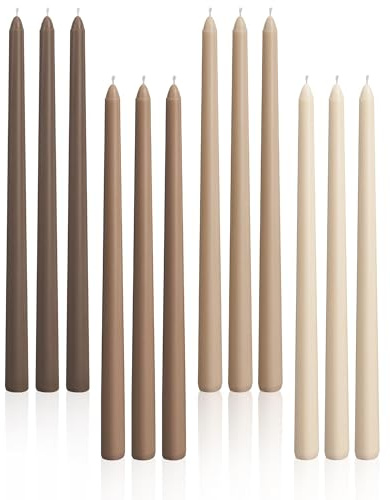 Viyffo Taper Candles, 12 Inch, 12 Pack, Brown – Unscented, Smokeless Design, Up to 8-Hour Burn – Tall Candlesticks for Table Decor, Weddings & Dinners