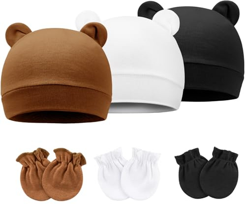 DRESHOW Neugeborene Babymützen Fäustlinge Set Krankenhausmütze Beanie Bärenohren Säuglingsmützen Baby Baumwollhandschuhe Kratzfreie Fäustlinge für 0-6 Monate