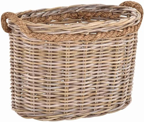 Großer Pflanzkorb Holzkorb oval Grau Natur Rattan mit Seilrand/Übertopf aus Rattan (Oval XXL 70cm)