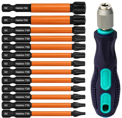 Hakkin 13 Stück Torx Bit Set Lang 75mm mit Loch T10 T15 T20 T25 T27 T30 T40 T50 T55 Bitsatz für Akkuschrauber 1/4 Torx Schraubendreher Bitset für Schlagschrauber S2 Sternschraubenzieher
