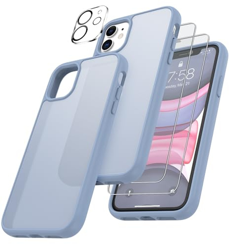 FLLAO 4 en 1 Funda para iPhone 11 con 2 Protector Pantalla y 1 Protector Lente Cámara, [Almohadilla de Aire integrada] Antigolpes Antiarañazos Carcasa 6,1 Pulgadas, Azul Claro