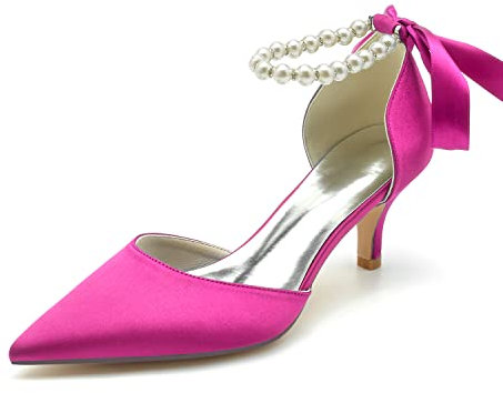 HFWXYSA Chaussures de mariage blanches à talon chaton pour femme - Bout pointu - En satin et perles - Sangle de cheville - Pour bal de fin d'année, fête, bal de fin d'année, escarpins, fuchsia, 43 EU