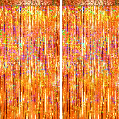 4 Packs Orange Foil Fringe Curtain, Orange Glitter Metallic Tinsel Backdrop for Birthday, Wedding, Baby Shower, Halloween, Thanksgiving, Friendsgiving, Fall Party Decorations Supplies