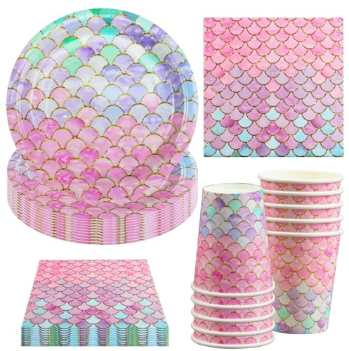 Hmfmdy Meerjungfrau Partygeschirr Set, 40 Stück Meerjungfrau Party Deko, Geburtstag Geschirr Kit, Mit Pappteller Becher Servietten, Kindergeburtstag Party Geschirr Supplies für 10 Gäste