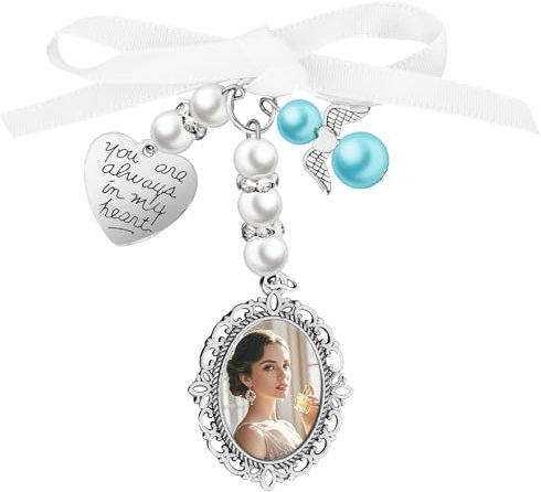 Giantree Wedding Bouquet Photo Charm, Bridal Bouquet Photos Charms for Wedding Memory Bow Pearl Charms, Personalized Memorial Photo Pendant Oval Angel Charm for Weddings Party(Single)