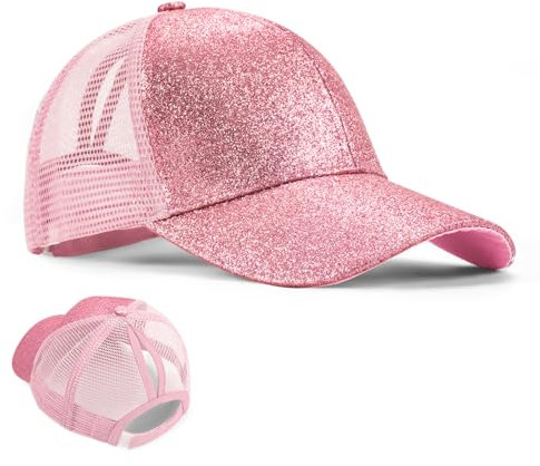 Tunejoy Mädchen Basecap Kinder Glitzer Baseball Cap Pferdeschwanz Hüte Glänzende Verstellbare Sonnenhut Kleine Mädchen Sommer Baseballkappe für 3-8 Jahre alt Rosa