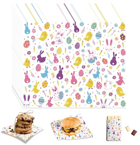 100 Pcs Easter Wax Paper Sheets for Food Bunny Easter Egg Basket Liners, PLULON Easter Chicks Deli Parchment Paper Candy Packaging Handmade Food Wrap Oil-Proof Cookie Box Liner for Kitchen