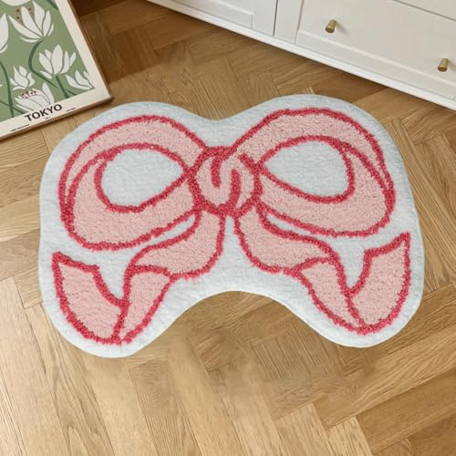 Urtlmaji Coquette Bow Rug Pink Bath Mat Bathroom Rugs, Non Slip Cute Bath Rugs Microfiber Plush Bow Decor, Small Preppy Room Decor Washable Absorbent Girl’s Bedside Rug for Bathtub Sink 26x18