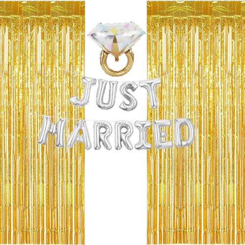 Silber Just Married Girlande Luftballon mit 2 Stück 1* 2m Gold Metallic Lametta Vorhang für Foto Hintergrund，1 Stück Diamant Ring Helium Luftballoner