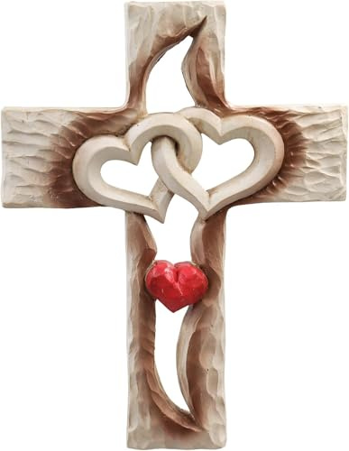 Dnoifne Resin Kreuz Wanddekor mit geschnitzten Herzen - Symbol für ewige Liebe & Glaube, Christliches Geschenk, Deko für Wohnzimmer (17,5x13,3 cm)