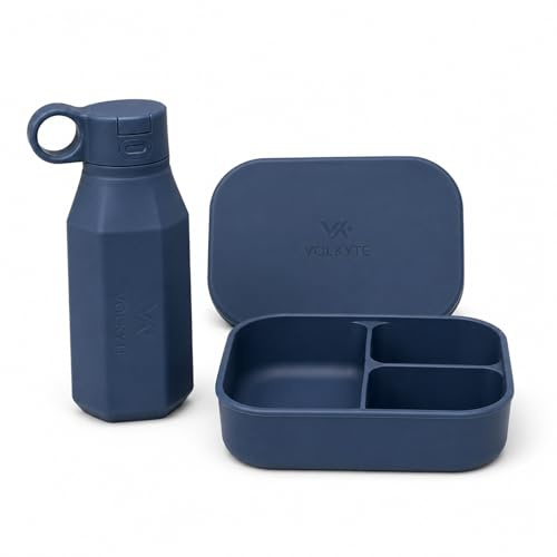 VOLKYTE Set de Fiambrera Bento y Botella de Silicona 350 ml para Niños a Partir de 3 Años, Sin BPA, Botella Antifugas, Apto para Lavavajillas, Azul Marino