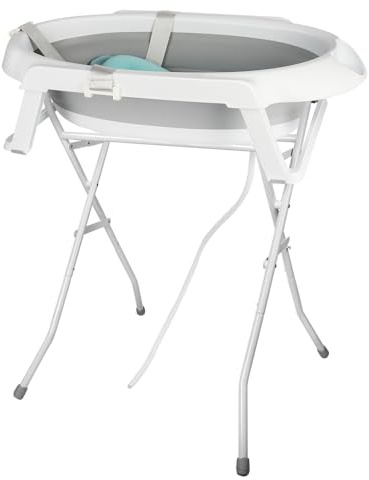 Faltbare Babybadewanne XXL mit Ständer, Kissen und Entwässerungssystem, 0-3 Jahre, 2-in-1 Babybadewanne auf Fuß, platzsparend (Grau mit Ständer, 66 x 61 x 82 cm)