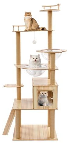 170cm Kratzbaum groß, Moderne Katze Kratzturm mit 2 Raumkapsel, Höhle, Leiter, Kratzsäule, Plüschball, Mehrstöckiger Katzenklettergerüs Holz