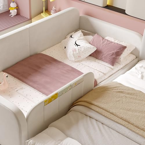 HYSZ Cama empalmada para niños, cama tapizada, sofá cama con estructura de metal, 3 pequeños bolsillos de almacenamiento, 2 cajones con ruedas, terciopelo+MDF+madera contrachapada, blanco, 90 x 200 cm