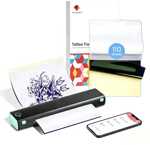 Phomemo Tattoo Schablonendrucker und 110 Blatt Transferpapier Bundle, M08F Kabelloses tragbares Tattoo-Maschinen-Kit für Künstler und Anfänger, Kompatibel mit Handy/Tablet/PC