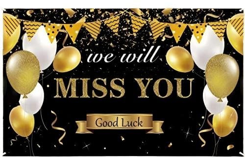 Banner de Despedida “We Will Miss You” Negro y Dorado, Fondo de Pancarta para Fiesta de Despedida o Jubilación, Decoración de Oficina, Trabajo o Graduación, 180 x 110 cm