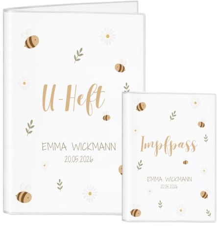 Personalisierte U-Heft Hülle mit Name & Geburtsdatum – U-Heft & Impfpass Hülle Baby – Untersuchungsheft Hülle personalisiert – Baby Geschenk zur Geburt oder Taufe (Bienchen & Blümchen)