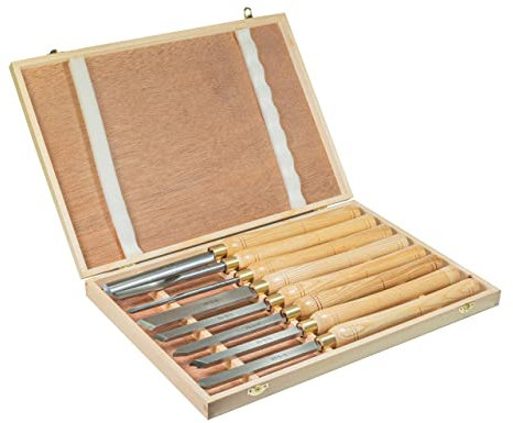 HSS-Qualitätsstahl 8-teilig mit den gängigsten Sorten Schüsseldrehröhre, Drehmeißel, Formröhre, Flachstahl, Abstecher und Ringdreheisen zum Drechseln Drechselbeitel mit Holzgriff in Holzbox