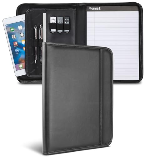 Samsill Professional Padfolio, Faux Leather Junior Portfolio with Zipper, 10.1 Inch Tablet Sleeve, with 7 x 10 Inch Notepad, Black