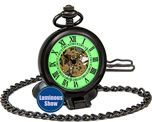 SEWOR gentleman Style meccanico scheletro luminoso intagliato a mano vento orologio da tasca (Alzati nero)