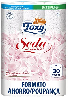 Foxy Seda | Papel higiénico 30 rollos | 173 servicios por cada rollo | Neutro para la piel | Certificación FSC | 100% Energía eléctrica renovable | Paquete reciclable producido con plástico reciclado