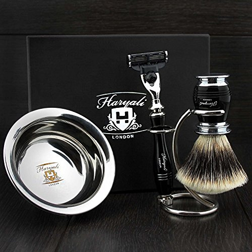 Haryali London Luxury Black Herren Rasierset 3 Edge Rasiermesser, Rasierpinsel, Rasierständer und Rasierschale