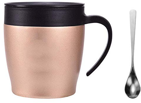 NiuCh 300Ml Tazza da caffè Termica con Coperchio E Cucchiaino da caffè con Manico,Tazza da caffè in Acciaio Inox Isolata,Tazza Termica da Ufficio E Viaggio,d'oro