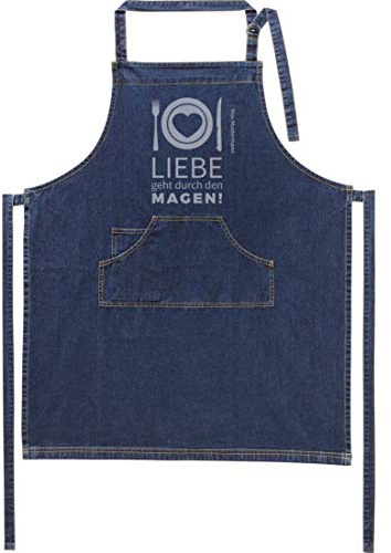 Jeans-Schürze mit Namen - Motiv Liebe - lustig - viele Motive - Kochschürze - Grillschürze - personalisiert - dunkelblau - Größe 75x90 cm - persönliches Geschenk - mit Wunschname - mit Wunschmotiv