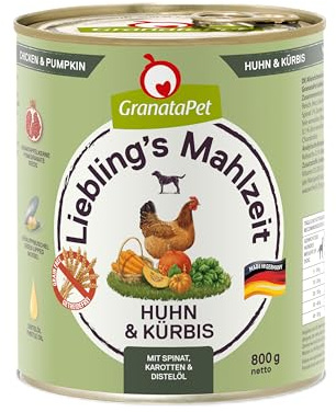GranataPet Hundmat, älsklingens måltid kyckling och pumpa, 6 x 800 g, våtfoder för hundar, utan spannmål och sockertillsatser, helfoder med hög andel kött och högkvalitativa oljor