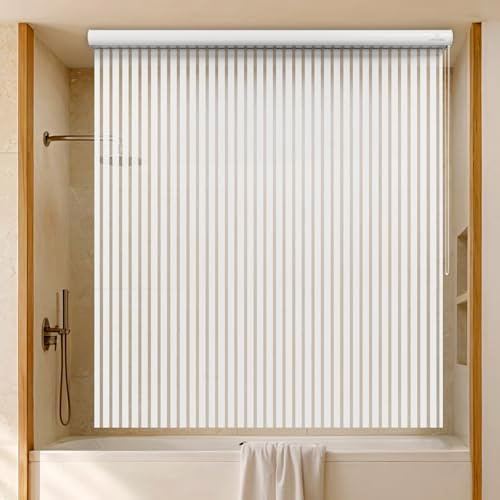 Jakooz Rollup Shower Curtain for Bathroom. Waterproof, 100% PEVA, Heavy Duty Shower Roller Blind Curtain for Bathtub. No rods, No Hooks, No Rings! (56x95) (White Stripe)