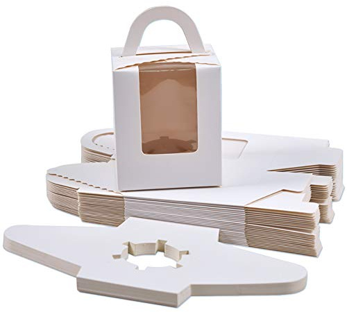 Cupcake Boxes Individual with Window & 1 Hole Insert, White, 24 Pack | for Bridal Showers, Weddings, Birthday Parties