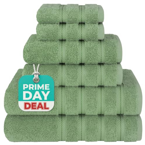 American Soft Linen Luxury 6 Piece Towel Set, 2 Bath Towels 2 Hand Towel 2 Washcloths, 600 GSM 100% Cotton Turkish Towels for Bathroom, Sage Green Towel Sets