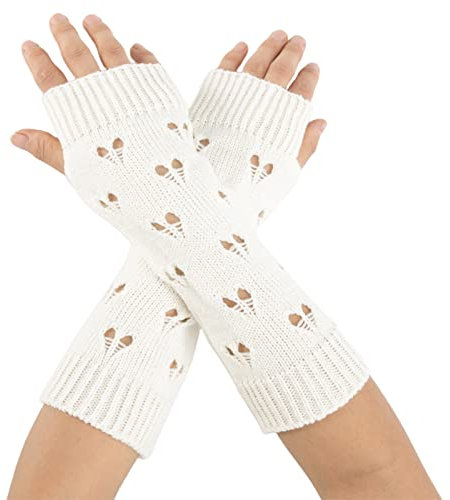 Warme Winterhandschuhe mit Touchscreen, 1 Paar, hohles Herz, Halbfinger-Armabdeckungen, dick, gehäkelt, einfarbig, Winterhandschuhe, Handwärmer, weiß, 1.00 Stärke