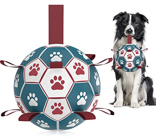 Hundespielzeug, Fußball mit Greiflaschen, interaktives Hundespielzeug zum Tauziehen, Hunde-Wasserspielzeug, langlebige Hundebälle für kleine und mittelgroße Hunde, Blau und Rot (15,2 cm)