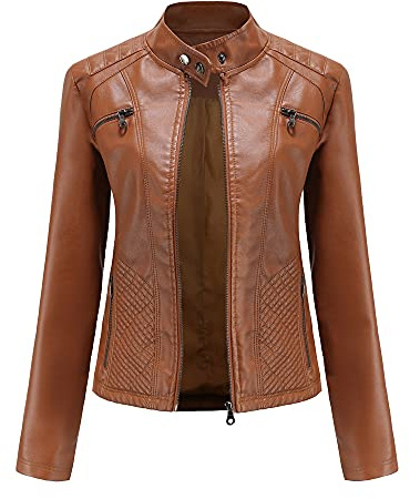 DISSA Damen Kunstleder Bikerjacke Stehkragen RV,Braun,42