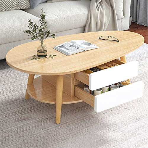 ZXFDM Ovaler Couchtisch aus Holz, 2-Schicht-Mode-Couchtische, mit offenen Regalen zur Aufbewahrung und Präsentation, 2 Schubladen, für Wohnmöbel im modernen Design des Wohnzimmers, Holz, 120 × 60
