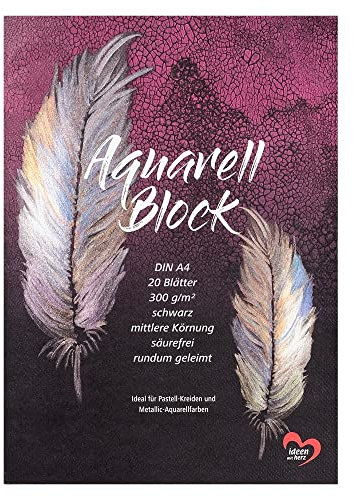Ideen mit Herz Aquarell-Block | DIN A4 | 20 Blatt | 300 g/m² | schwarz | ideal für Pastell-Kreiden und Metallic-Aquarellfarben