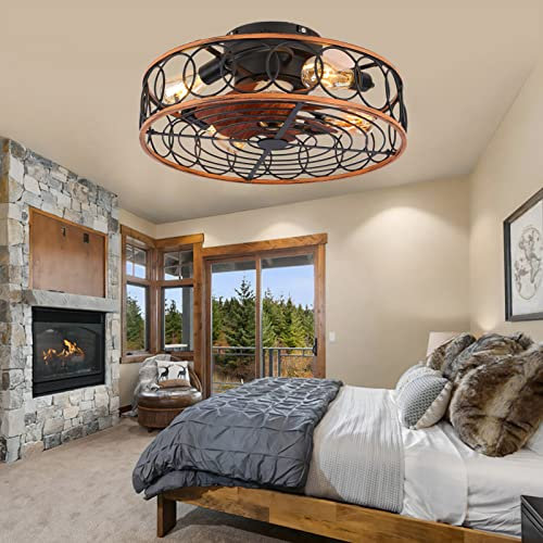JDALX Retro Metal Ceiling Fan Light Silent Rustic Style Brownceiling Fan with Lighting DC Reversible Timer Winter Summer Applicable Industrial Chandeliers with Fan for Bar Warehouse Lounge