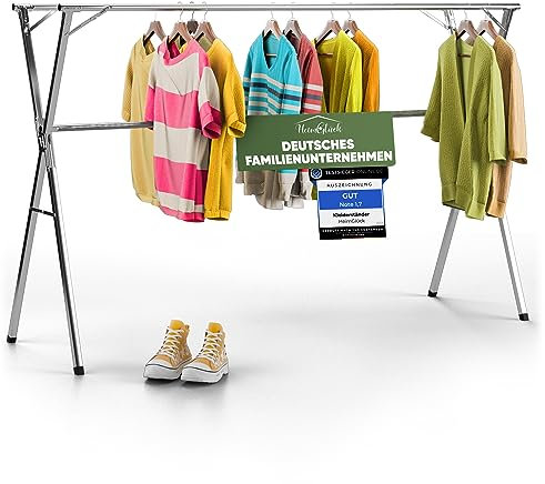 HeimGlück Kleiderständer/Wäscheständer Max Silber [Ausziehbar 1.30-2.0m, klappbar, sehr Stabil Edelstahl] Kleiderstange, Garderoben-Ständer, Flurgarderobe, Organizer, offener Kleiderschrank