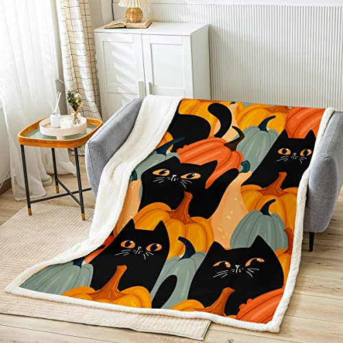 Loussiesd Halloween Kuscheldecke Kürbis Katze Decke 150x200cm für Sofa Karikatur Kitten Wohndecke Black Katze Schlafzimmer Dekor Flanell Fleecedecke