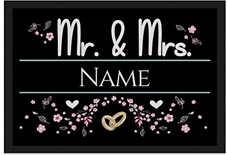 Print Royal Personalisierte Fußmatte mit Namen - Mr und Mrs mit Blumen und Ringe - Geschenke zum Einzug | rutschfest, 75x50cm mit Gummirand