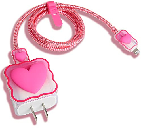 QLD COVER iPhone/iPad 18W/20W USB-C Charger Cover Lovely 3D Love Heart Waves Design Clear Soft Charger Protector Cute Cable Saver for iPhone 11 12 13 14 Pro Max Fast Power Adapter, Love Rose (5 in 1)