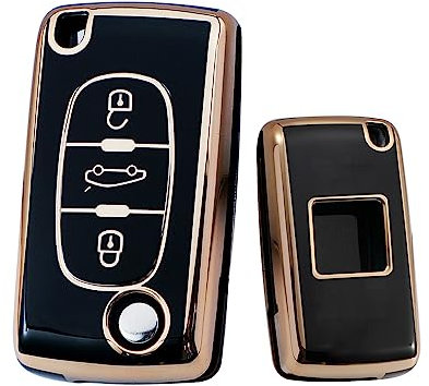 KUNIO Autoschlüssel Hülle Passt für Peugeot 207 307 407 308 607 2BT Passt für Citroen C2 C3 C4 Berlingo Schlüsselhülle TPU Schlüsselcover Schutzhülle 3 Tasten Schwarz