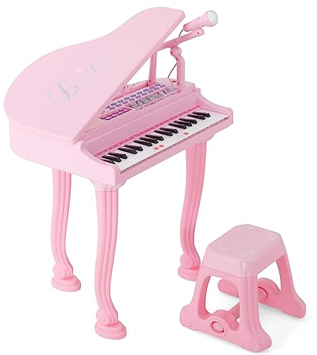 DREAMADE 37 Tasten Keyboard Kinder, mini E-Piano mit Hocker & Mikrofon & 3 Lehrmodi & 8 Rhythmen & Aufnahme, Elektronisches Klavier für Mädchen & Junge ab 3 Jahre (Pink)