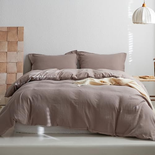 Simple&Opulence Muslin Double Duvet Cover Set, 100% Cotton Ultra Soft and Lightweight Textured Puckering Bed Duvet Cover with 2 Pillowcases(200×200cm, Coffee Grey)