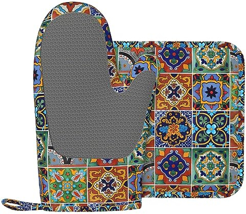 Silicone Oven Mitts and Pot Holders Sets, Home Talavera Mexican Tiles Heat Resistant BBQ Gloves for Kitchen Baking Cooking Grilling Microwave