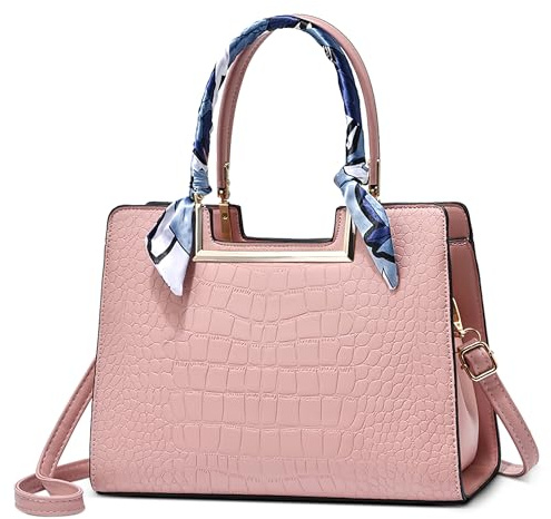 FOLOVEYA Damen Handtasche Mode Krokodilmuster Frauen Henkeltaschen Umhängetasche Elegant Band Tote Taschen Shopper Schultertasche PU Leder für Arbeiten Reisen Schule Dating Rosa
