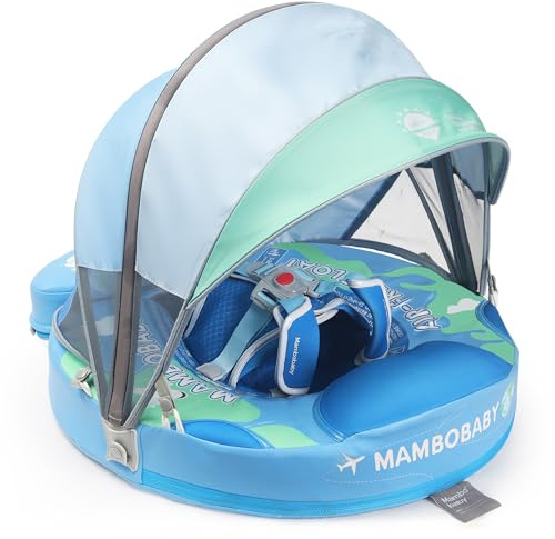 Mambobaby Float Upgrade Add Tail Baby Float with Canopy for Infant Waist Swimming Ring Swim Trainer Non-Inflatable Floats Toys with Adjustable Safety Strap (Blue - Earth)