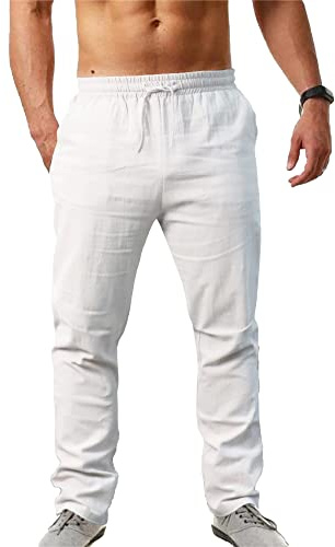 NANAMEEI Pantalon Lin Homme Été Pantalon Yoga Homme Grande Taille de Plage Léger Casual Coton Pants Men Blanc M